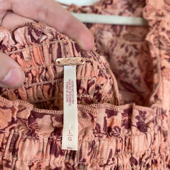 FREE PEOPLE Smock it to Me Mini Dress Apricot Ruffle Peasant Boho Size Large - Picture 6 of 10
